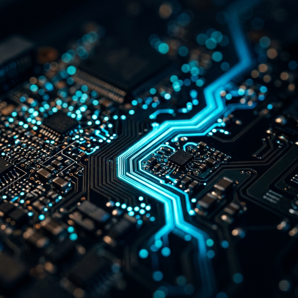 Abstract circuit architecture visualization representing the inventory sync solution