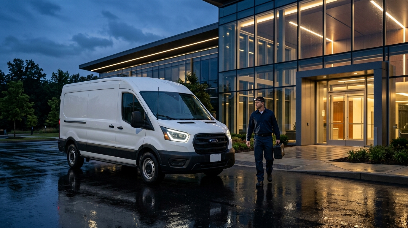 Commercial HVAC emergency service fleet vehicle and technician