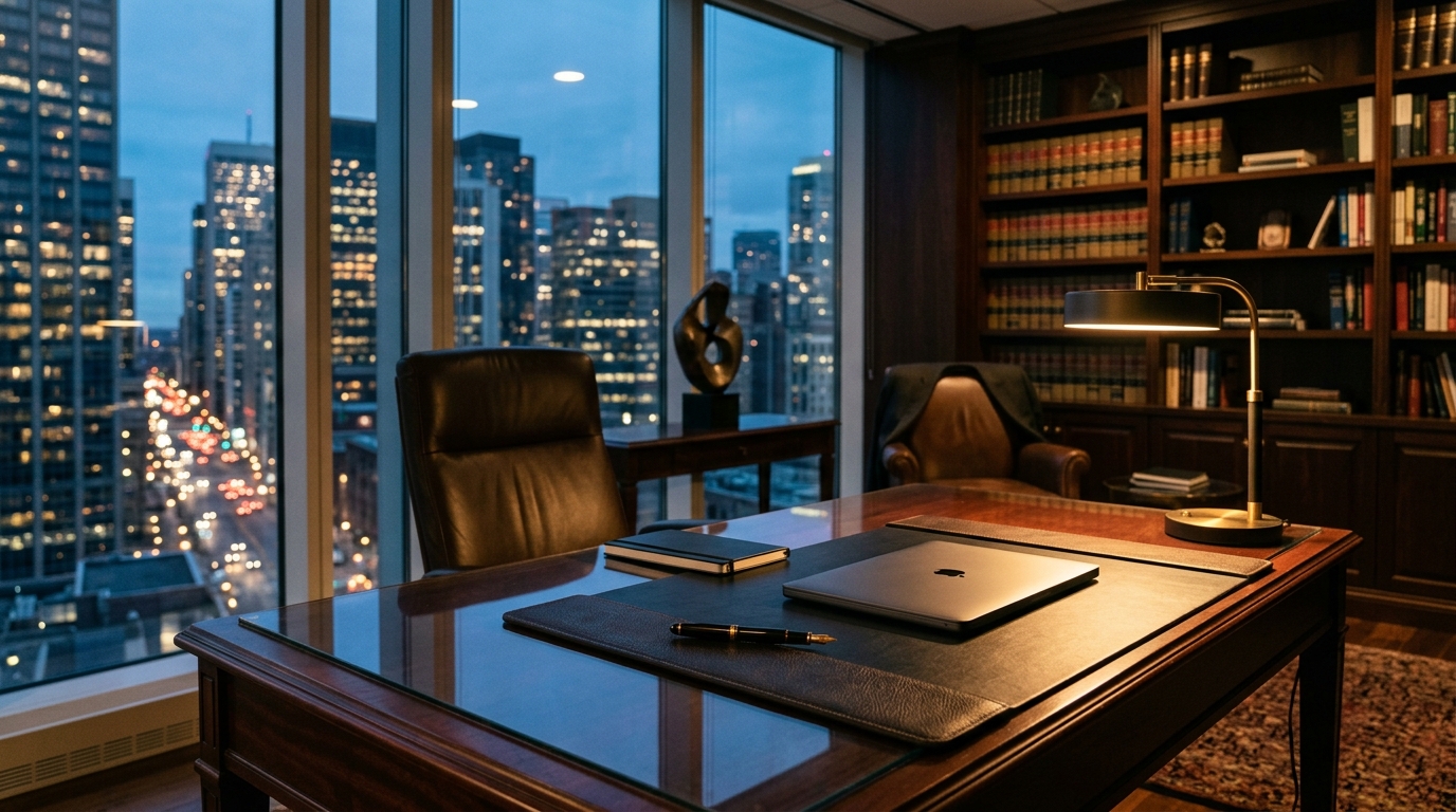 High-ticket corporate law office partner suite at dusk